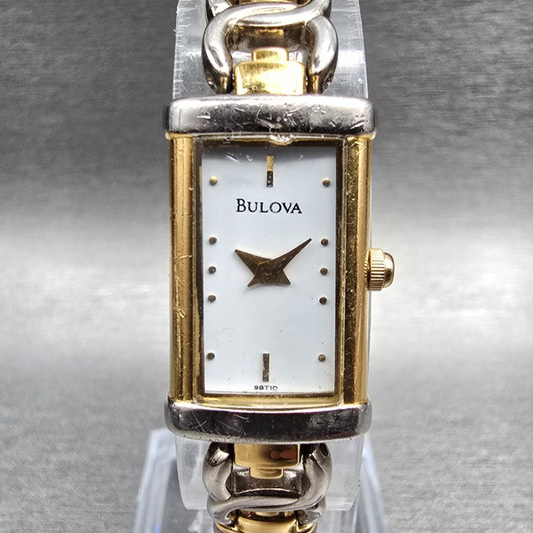 Bulova Watch Women 14mm White Dial Two Tone Rectangle 98T10 New Battery0