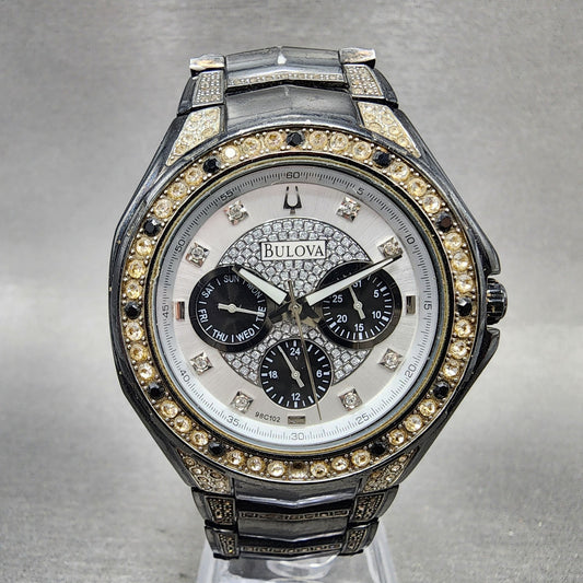 Bulova Watch Men 44mm Silver Dial Black Tone Daydate Round 98C102 New Battery0