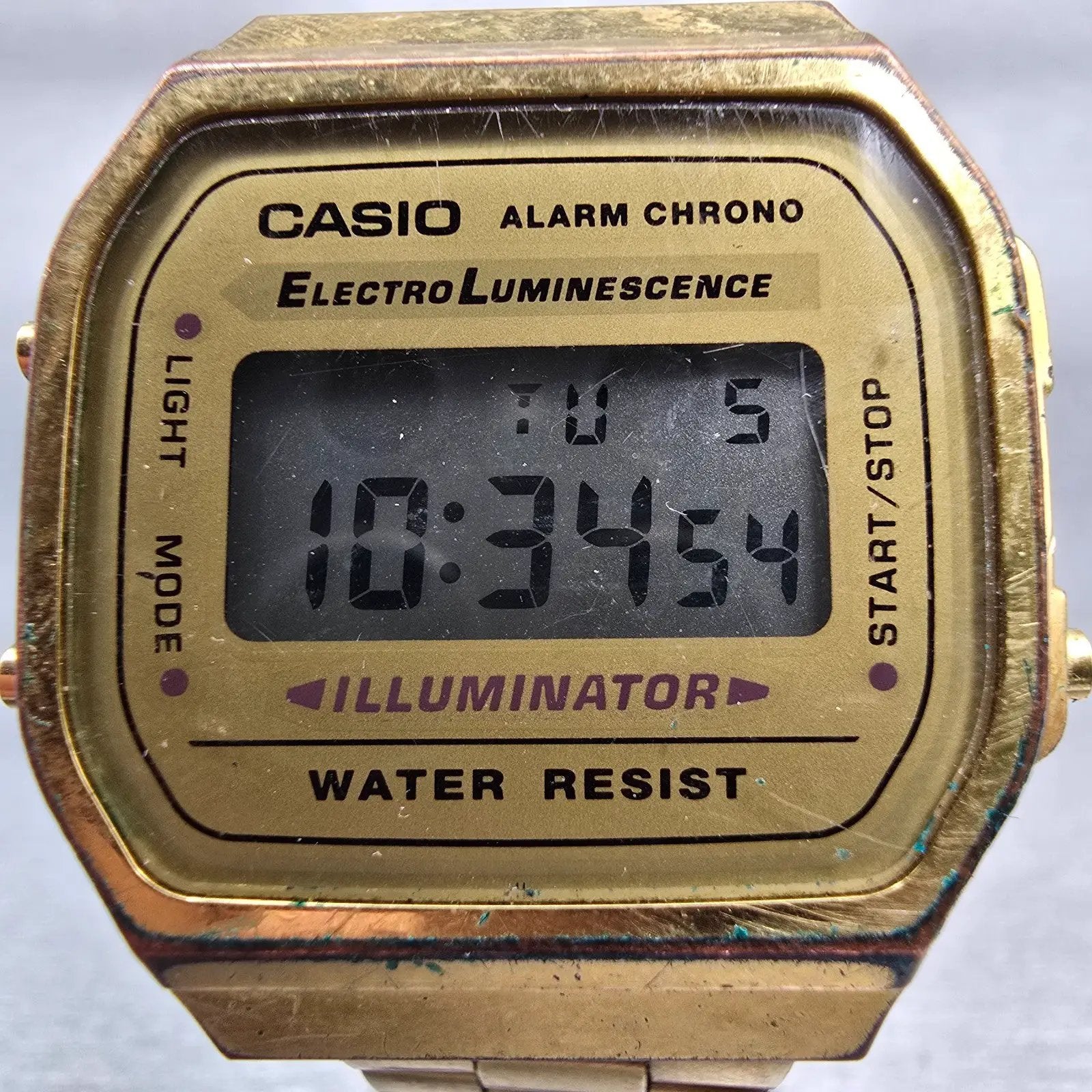 Casio Illuminator A168 Watch Men 35mm Gold Dial Gold Tone Chrono Alarm New Batt1