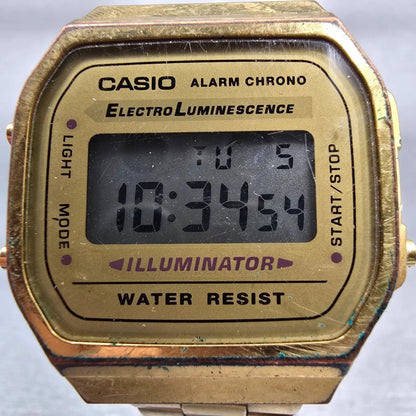 Casio Illuminator A168 Watch Men 35mm Gold Dial Gold Tone Chrono Alarm New Batt1