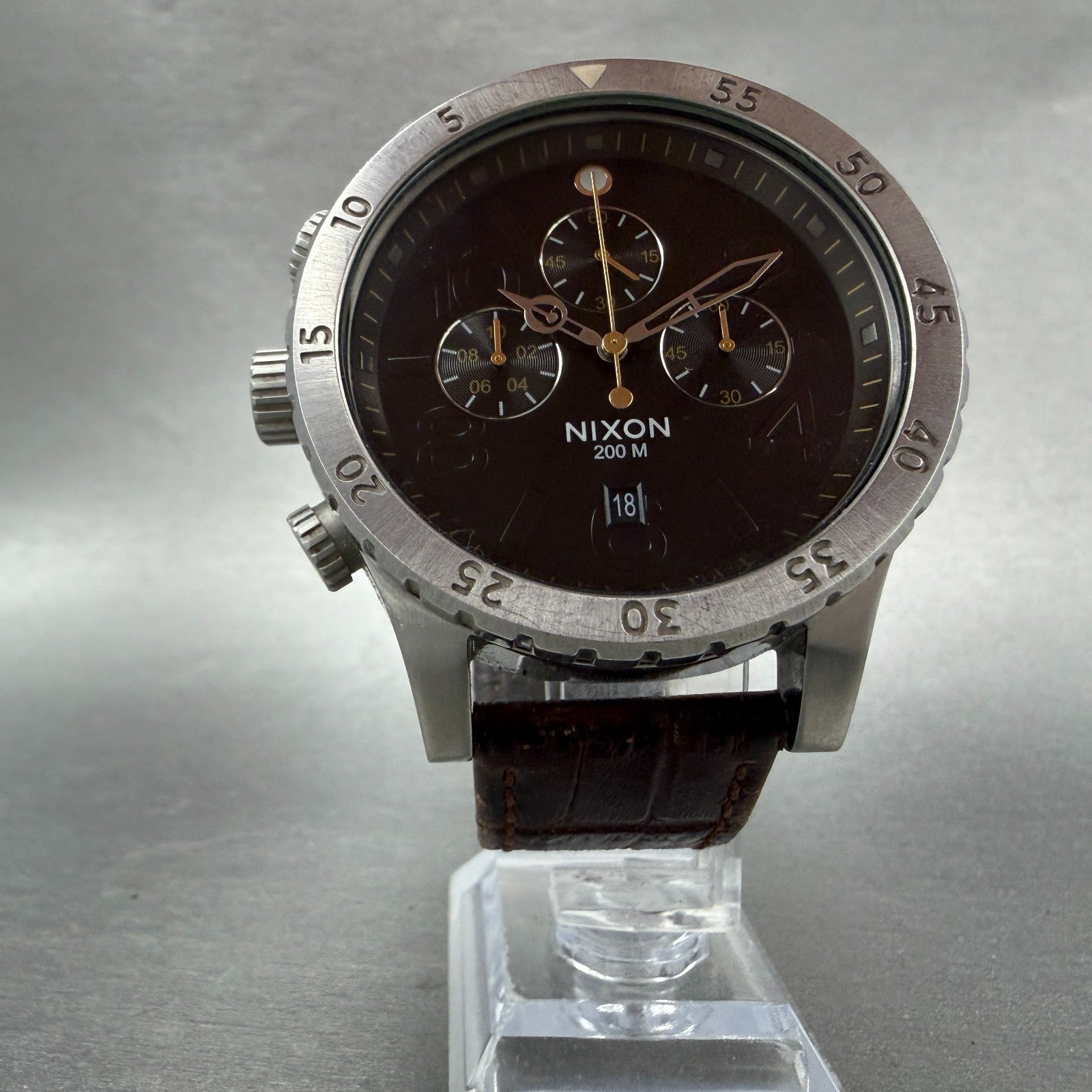 Nixon 48-20 Chrono Watch Men 48mm Brown Dial Silver Tone Date Round New Battery5