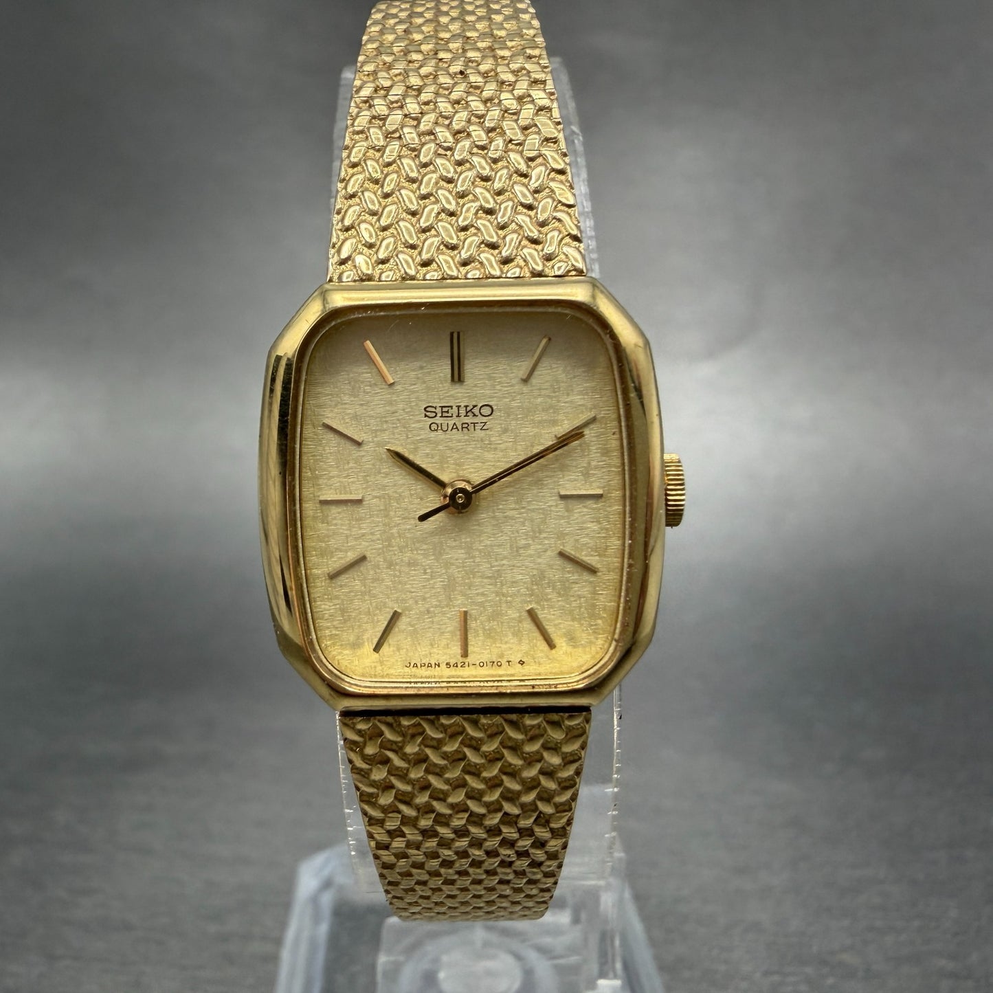 Seiko Watch Women 19mm Champagne Dial Gold Tone Rectangle 5421-5060 New Batt H9S0