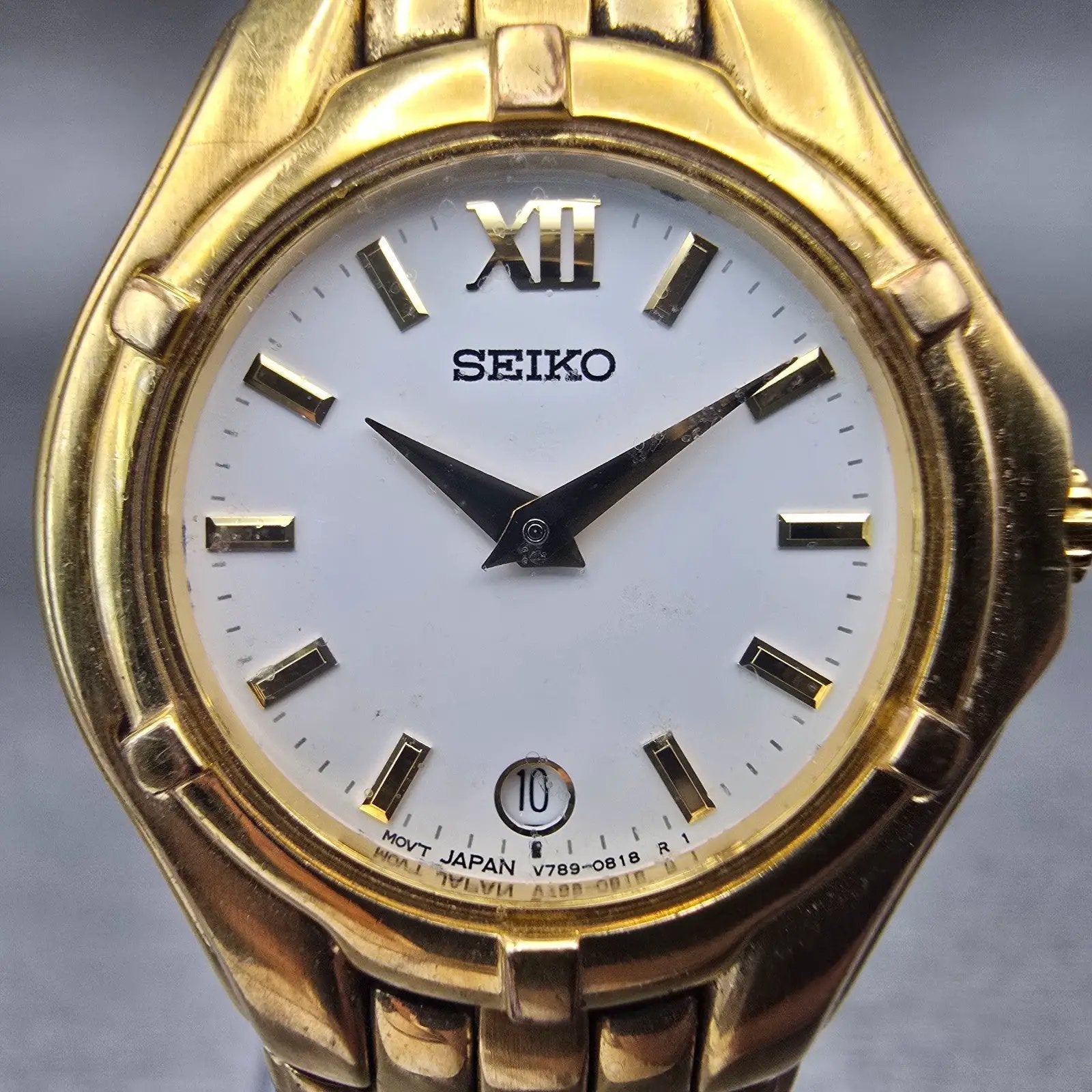 Seiko Watch Women 26mm White Dial Gold Tone Date Round V789-0369 New Battery VTG1