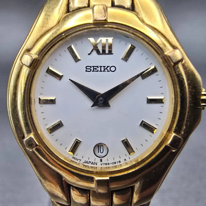 Seiko Watch Women 26mm White Dial Gold Tone Date Round V789-0369 New Battery VTG1