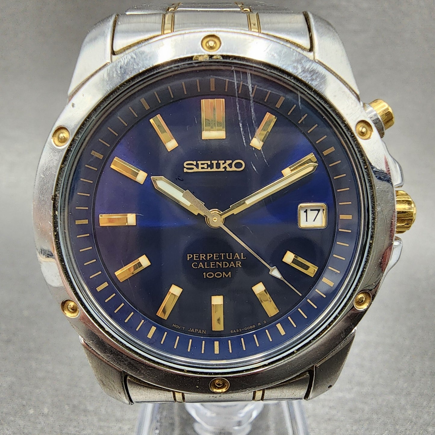 Seiko Perpetual Calendar Watch Men 39mm Blue Dial two Tone Date 6a3200b0 NewBat1
