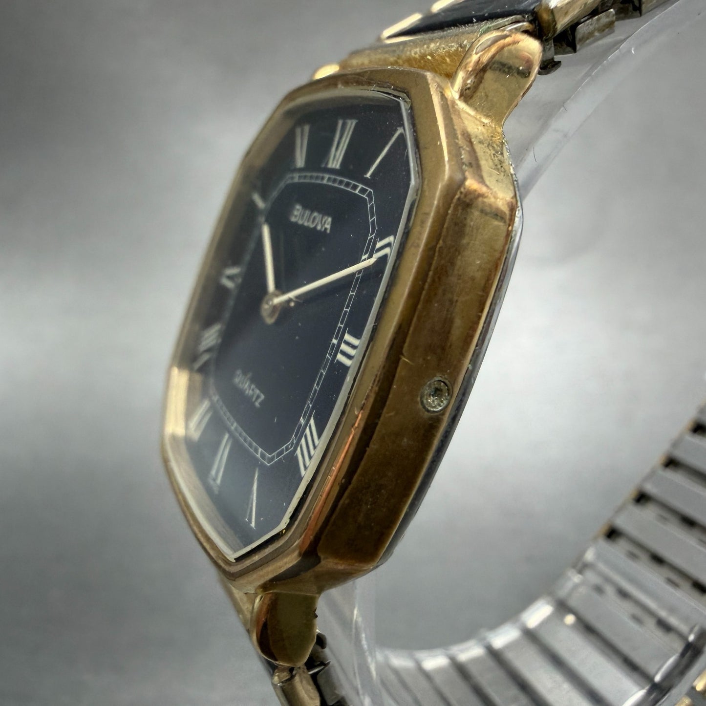 Bulova Watch Men 30mm Black Dial Gold Tone Octagon Swiss P0 New battery2