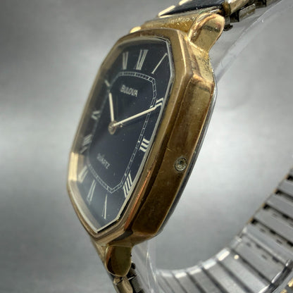Bulova Watch Men 30mm Black Dial Gold Tone Octagon Swiss P0 New battery2