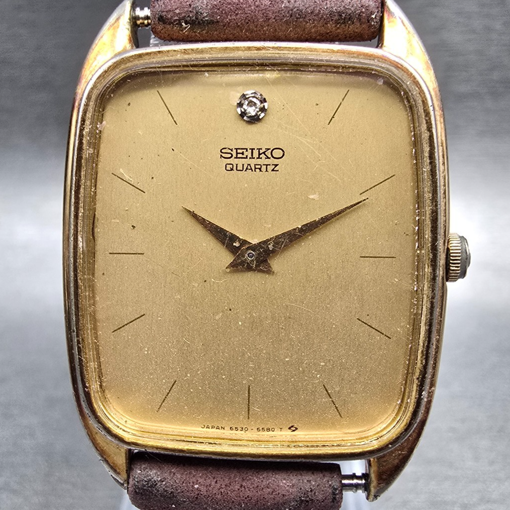 Seiko Watch Men 28mm Gold Dial Gold Tone Rectangle 6530-5329 New Battery Vintage1