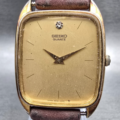 Seiko Watch Men 28mm Gold Dial Gold Tone Rectangle 6530-5329 New Battery Vintage1