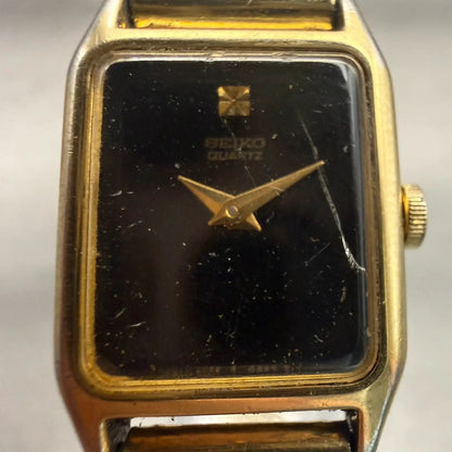 Seiko Watch Women 17mm Black Dial Gold Tone Rectangle 2B20-5000 New Battery VTG1