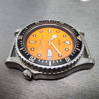 Seiko ALBA Dive Watch Men 36mm Orange Dial Silver Tone Daydate READ! New Battery5