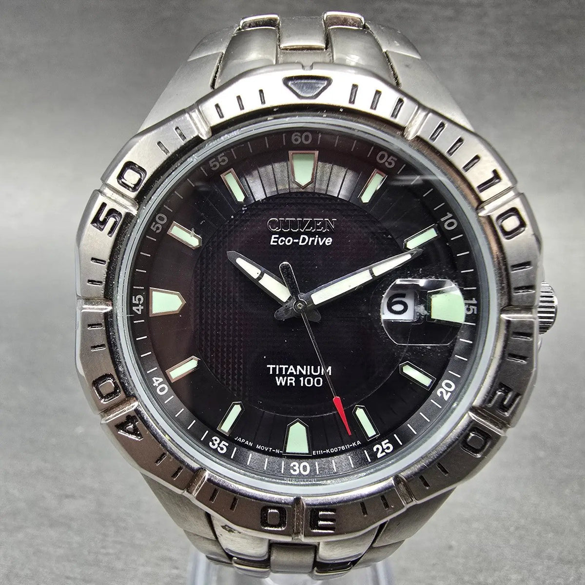 Citizen Eco-Drive Watch Men 42mm Black Dial Titanium Date E111-K004764 Runs JP0