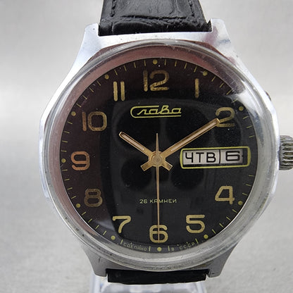 Slava Watch Men 39mm Black Dial Silver Tone Daydate Round Manual Wind Runs VTG1