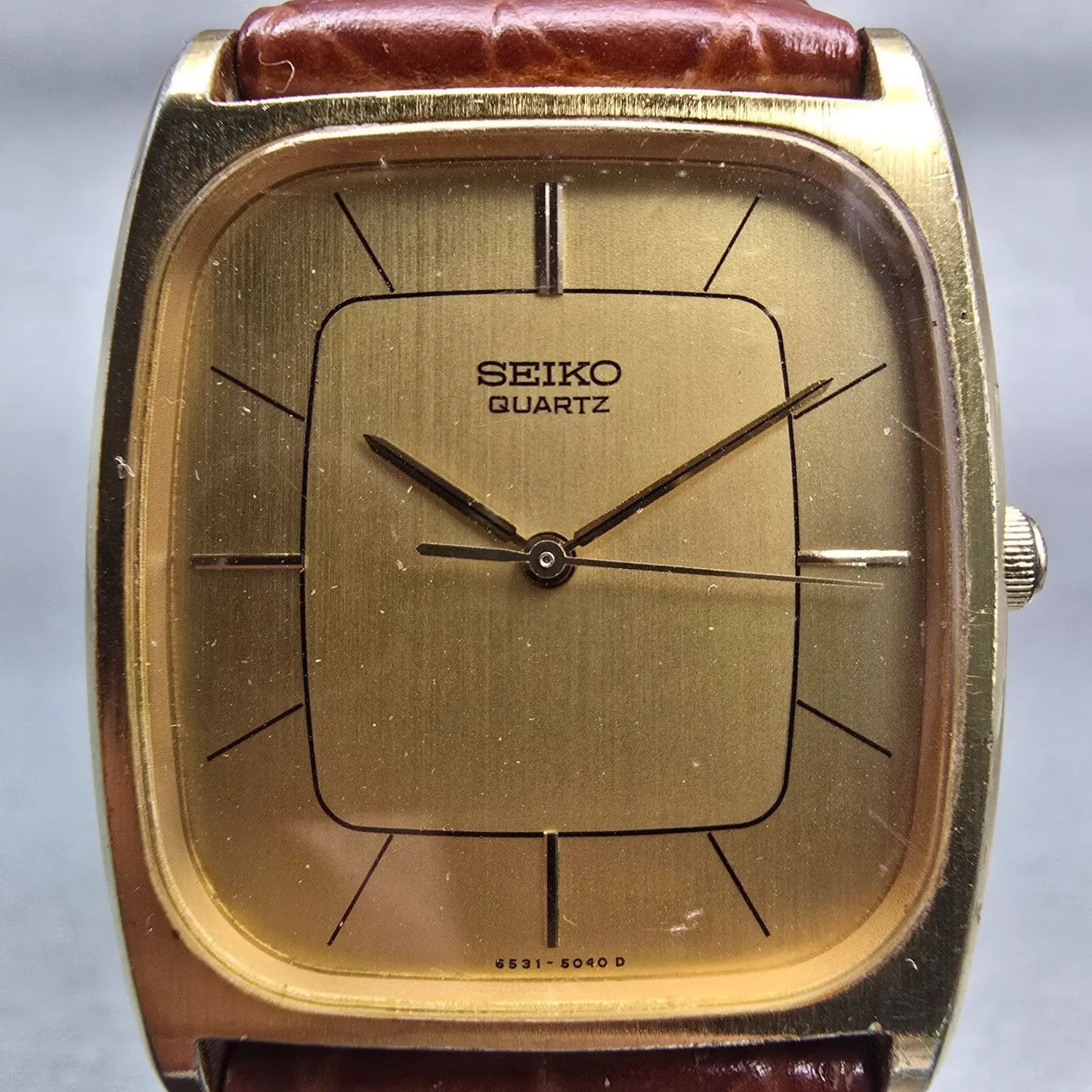Seiko Watch Men 28mm Gold Dial Gold Tone Rectangle 6530-5020 New Battery Vintage1