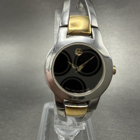Movado Amorosa Watch Women 24mm Black Dial Two Tone Round 81 E4 1842 New Batt BH0