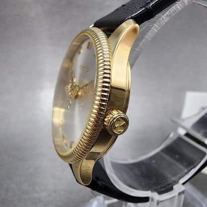 Gucci G-Timeless Watch Women 29mm Silver Dial Gold Tone Round Leather YA1265023