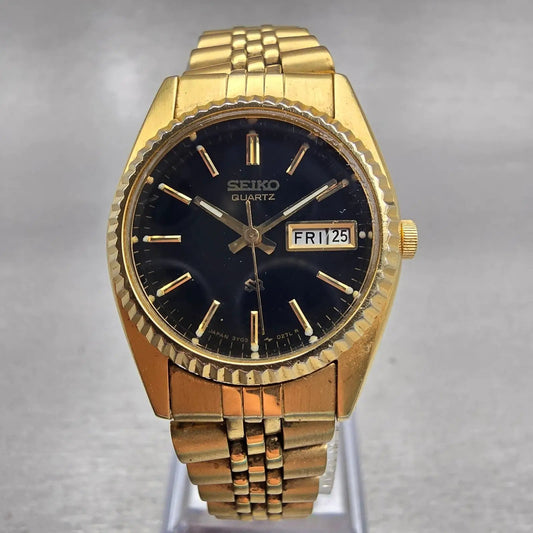 Seiko SQ Watch Women 24mm Black Dial Gold Tone Daydate Round 3Y03-0169 New Batt0