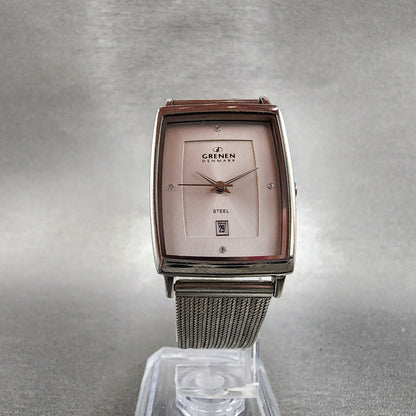 Skagen Grenen Tank Watch Women 23mm Silver Dial Steel Date Rectangle New Battery