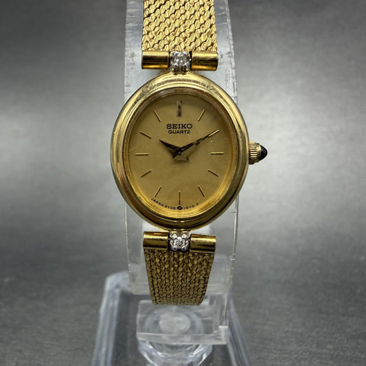 Seiko Watch Women 17mm Gold Dial Gold Tone Diamond Accent Oval 2Y00 New Battery0