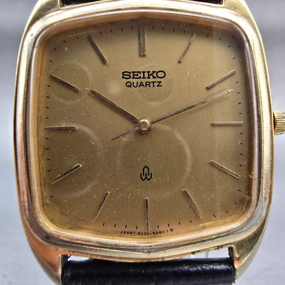 Seiko Watch Men 30mm Gold Dial Gold Tone Rectangle 6030-5250 New Battery Vintage1