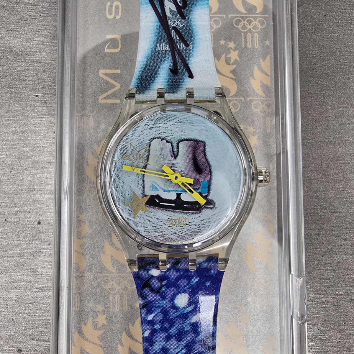 Swatch Musicall Katarina Witt Watch Woman 34mm Blue Dial Clear Case SLZ105 NOS0