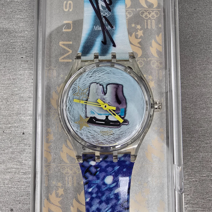 Swatch Musicall Katarina Witt Watch Woman 34mm Blue Dial Clear Case SLZ105 NOS0