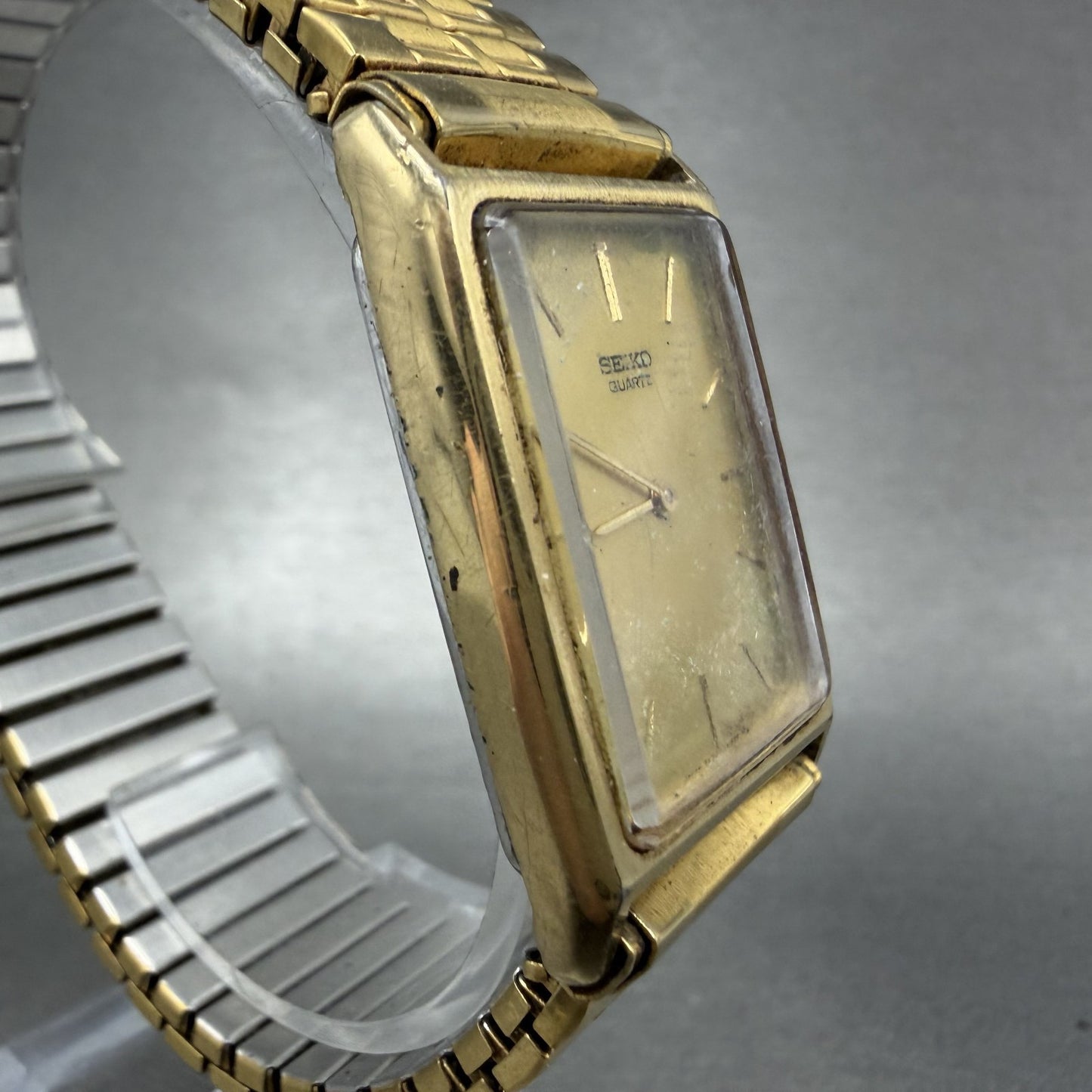 Seiko Tank Watch Men 25mm Champagne Dial Gold Tone Rectangle 7430-5560 PARTS4