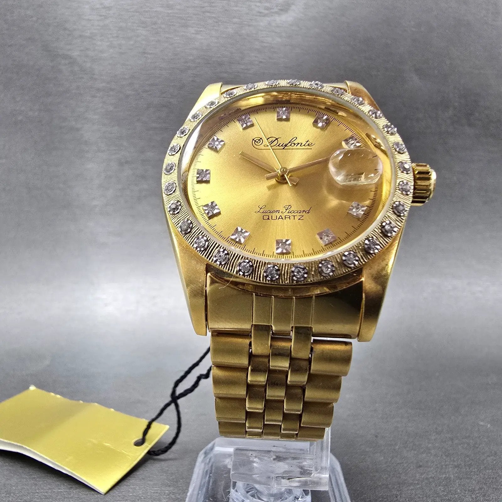 Lucien Piccard Dufonte Watch Men 36mm Gold Dial Gold Tone Date Diamond Bezel7