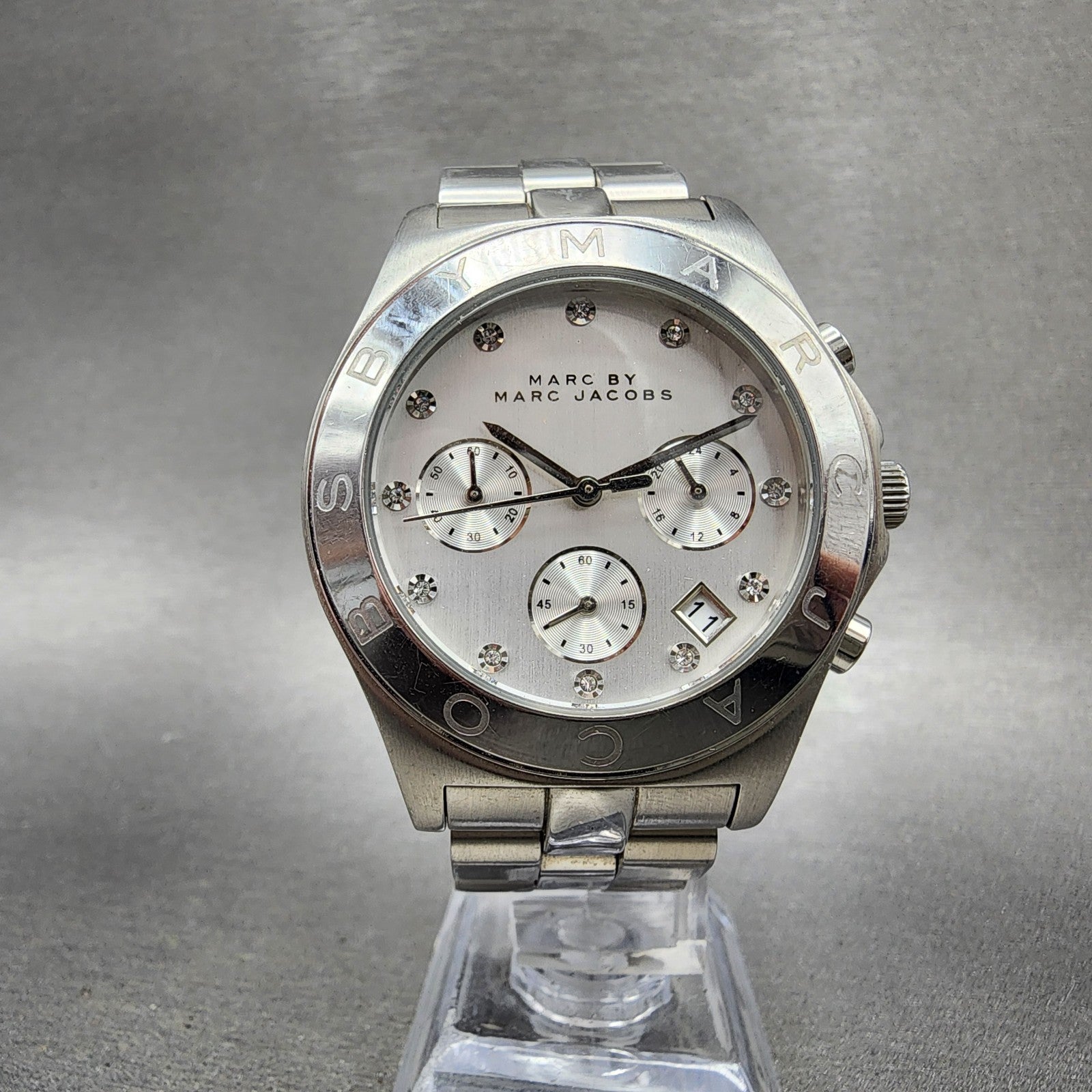 Marc Jacobs Blade Chronograph Watch Women 39mm Silver Dial Steel Date New Batt5