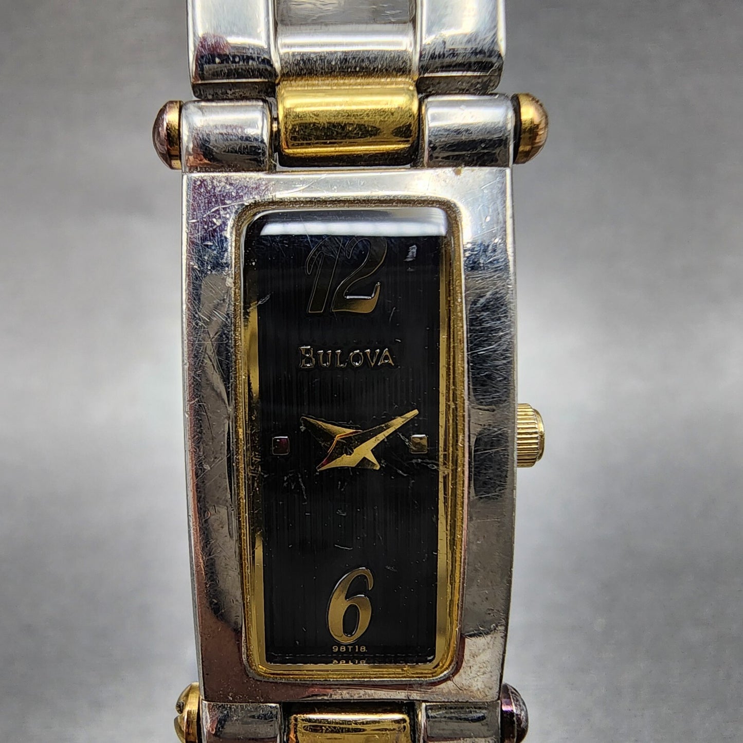 Bulova Watch Women 14mm Black Dial Two Tone Rectangle 98T18 New Battery1