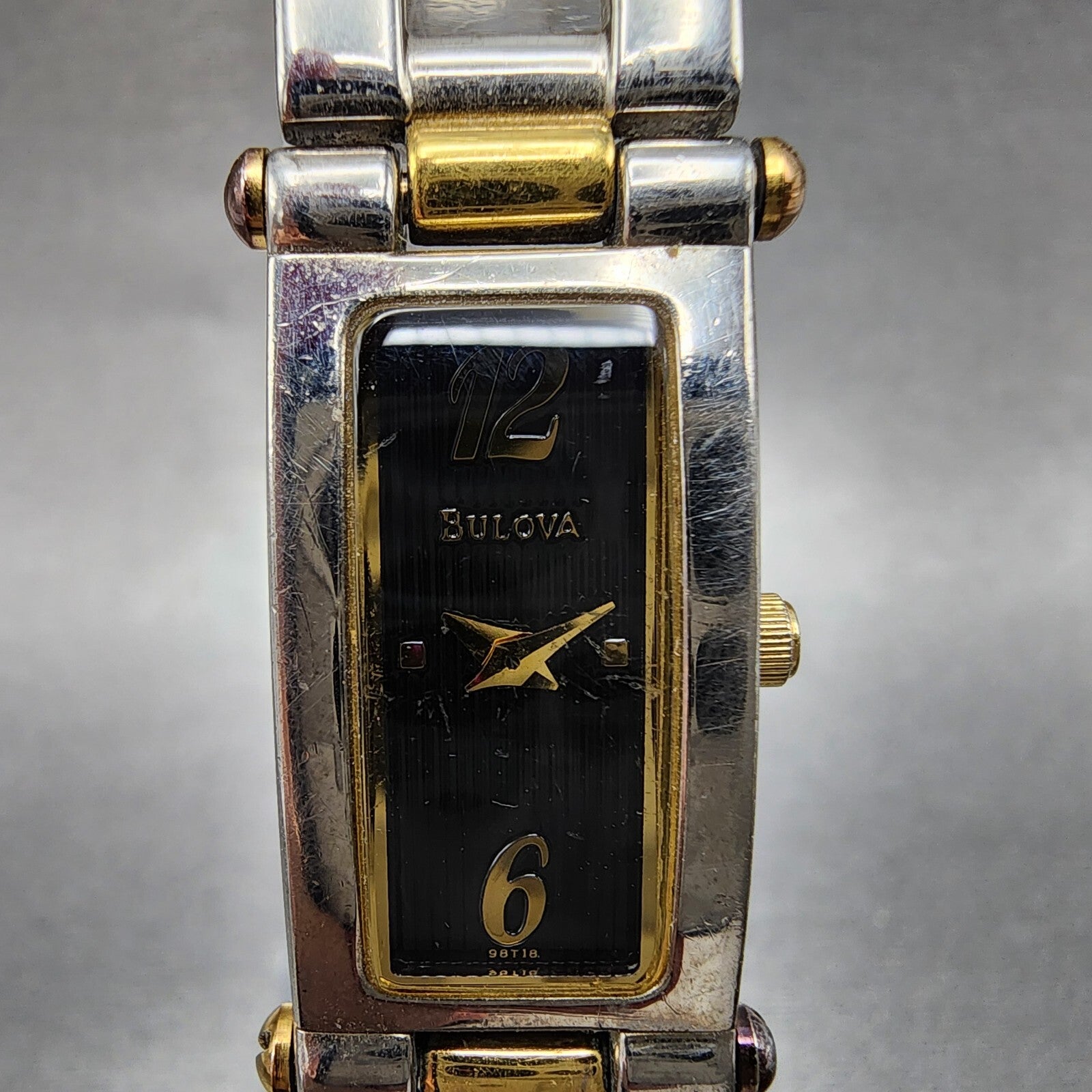 Bulova Watch Women 14mm Black Dial Two Tone Rectangle 98T18 New Battery1