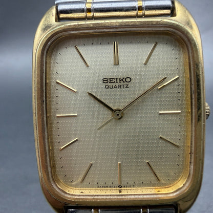 Seiko Tank Watch Men 28mm Champagne Dial Two Tone Rectangle 9021-517C NewBattery1