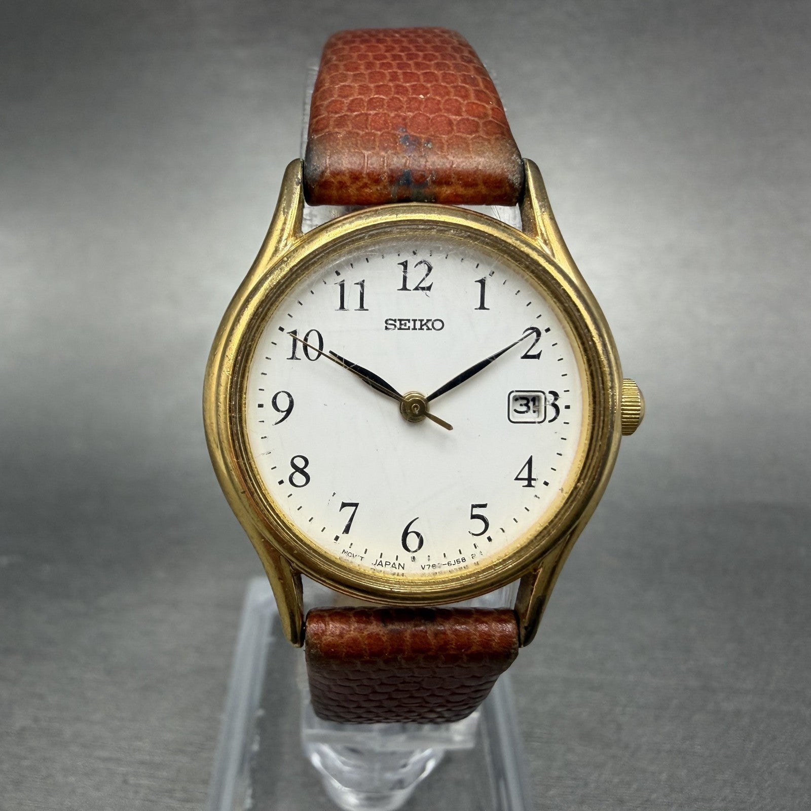 Seiko Watch Women 25mm White Dial Gold Tone Date Round V782-6E50 New Battery0