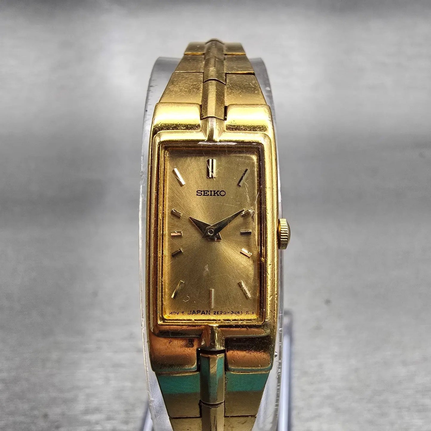 Seiko Watch Women 13mm Gold Dial Gold Tone Rectangle 2E20-7479 New Battery VTG0