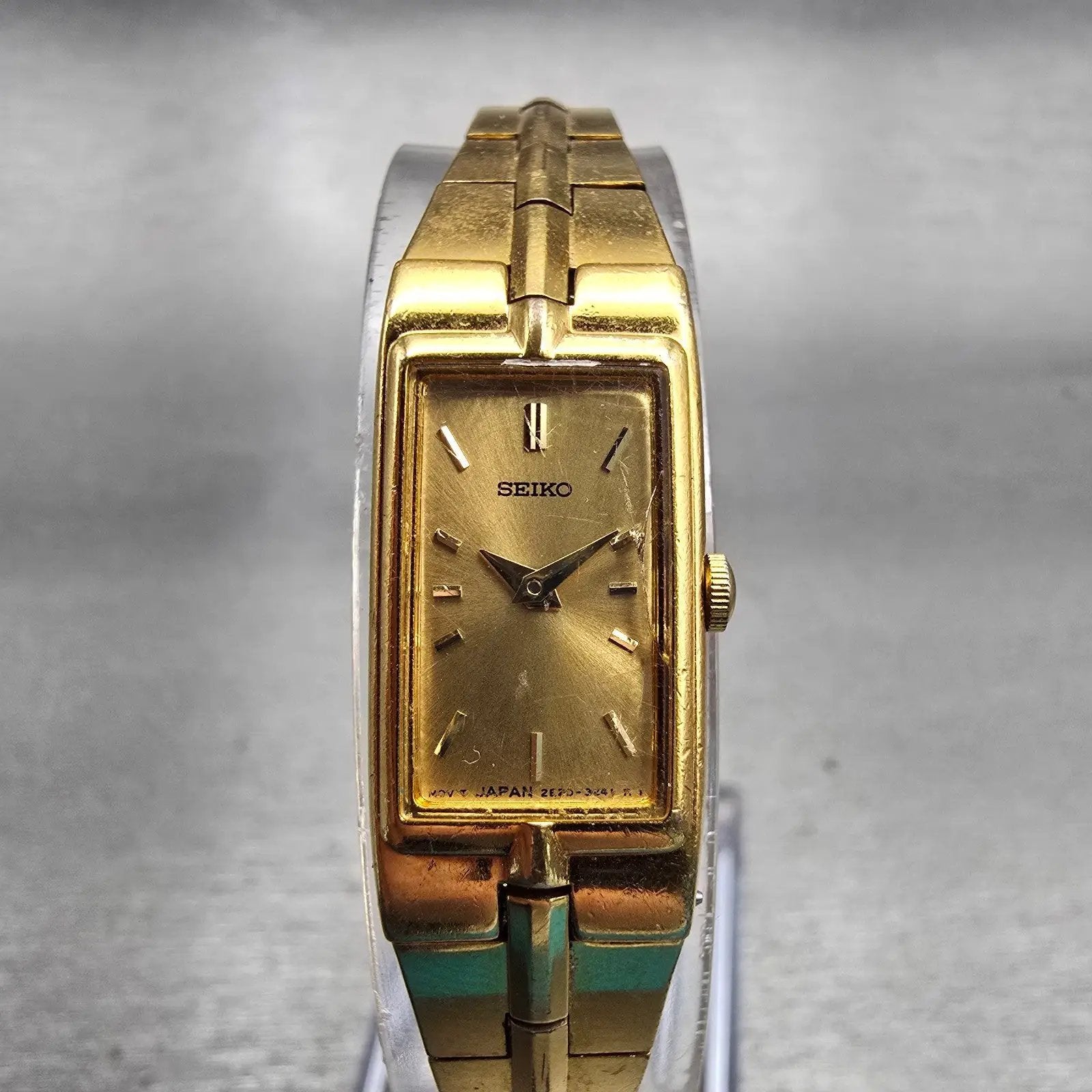 Seiko Watch Women 13mm Gold Dial Gold Tone Rectangle 2E20-7479 New Battery VTG0