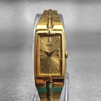 Seiko Watch Women 13mm Gold Dial Gold Tone Rectangle 2E20-7479 New Battery VTG0