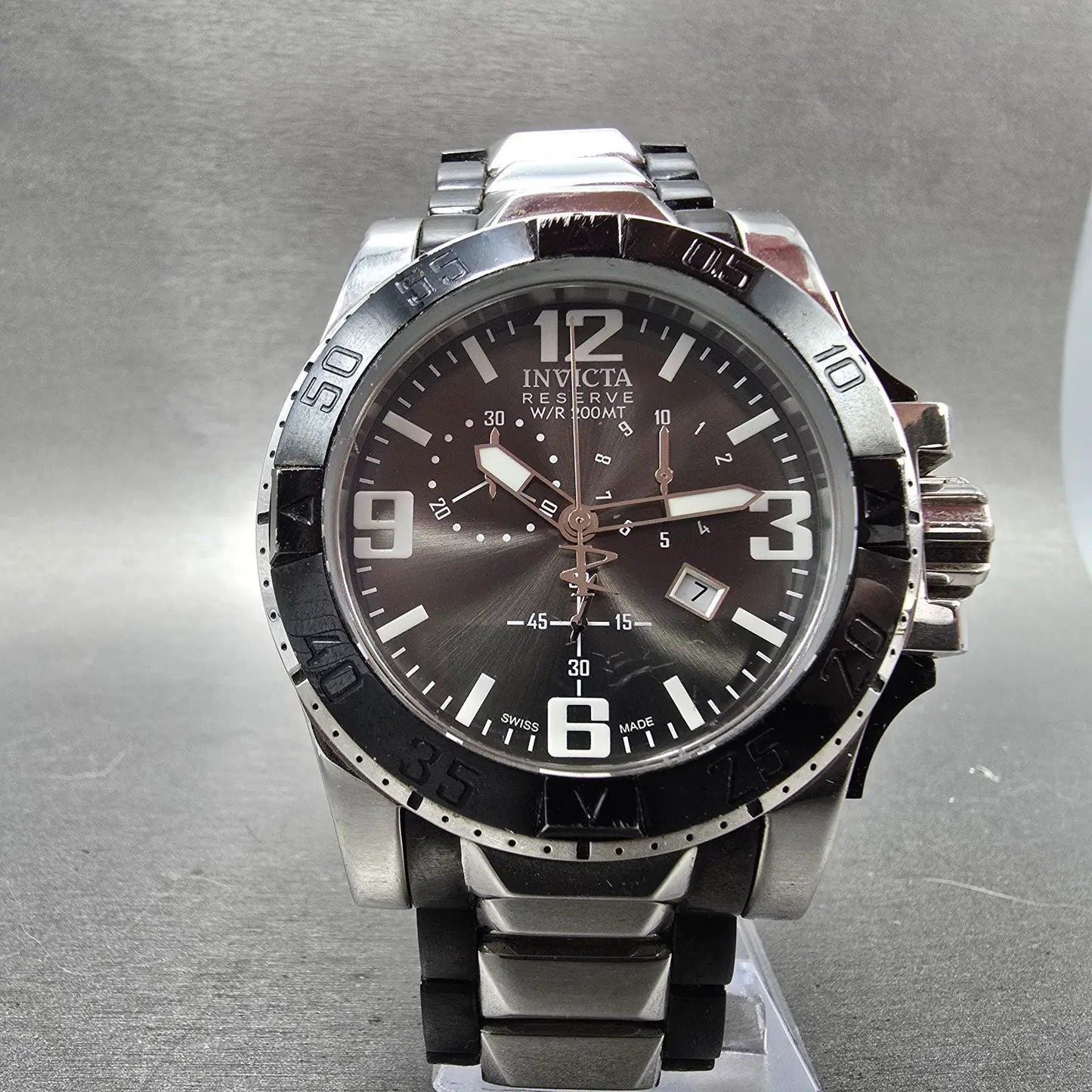 Invicta Reserve Chronograph Watch Men 49mm Black Dial Steel Date 5677 NewBattery5