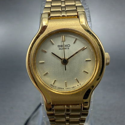 Seiko Watch Women 19mm Gold Dial Gold Tone Round V401-0099 NOS PARTS1