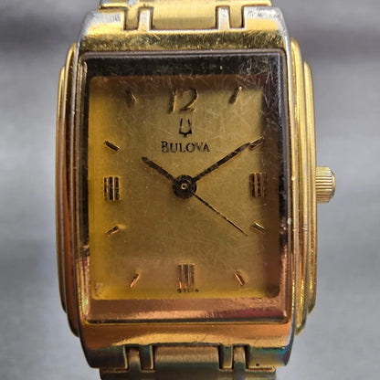 Bulova Watch Women 20mm Gold Dial Gold Tone Rectangle Vintage New Battery 97L441