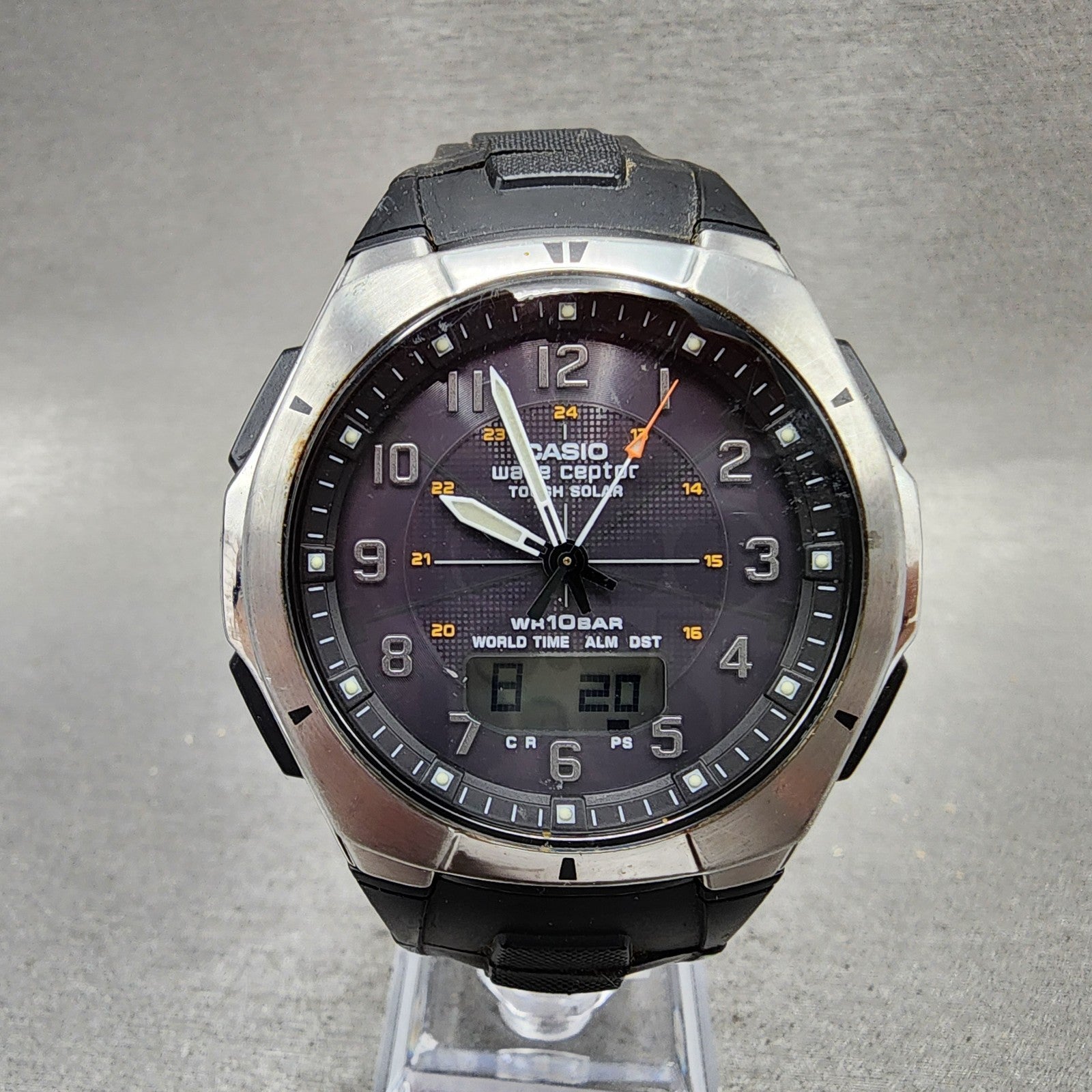 Casio Wave Ceptor Watch Men 42mm Black Dial Silver Tone Analog Digital Solar AB10