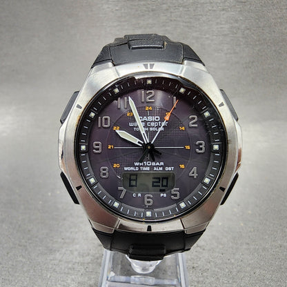 Casio Wave Ceptor Watch Men 42mm Black Dial Silver Tone Analog Digital Solar AB10