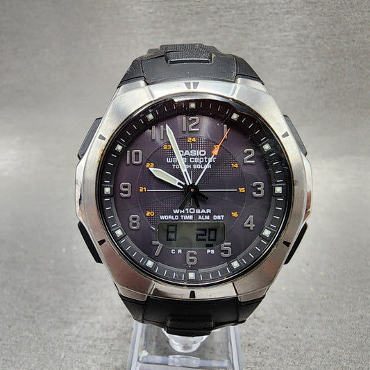 Casio Wave Ceptor Watch Men 42mm Black Dial Silver Tone Analog Digital Solar AB10