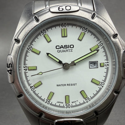 Casio Dive Watch Men 41mm White Dial Silver Tone Date Round MTP-1244 New Batt 7Q1