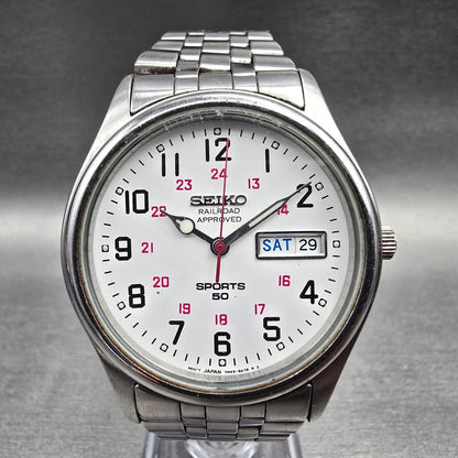 Seiko Railroad Approved Watch Men 37mm White Dial Silver Daydate 7N43-9A00 Runs2