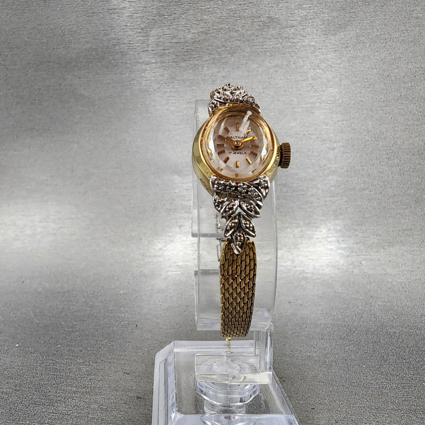 Waltham Watch Women 17mm Silver Dial Gold Tone Oval Diamon Accents Manual Wind5