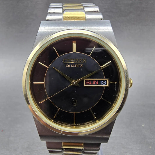Citizen CQ Watch Men 34mm Black Dial Two Tone Daydate 6101-915054 New Battery0