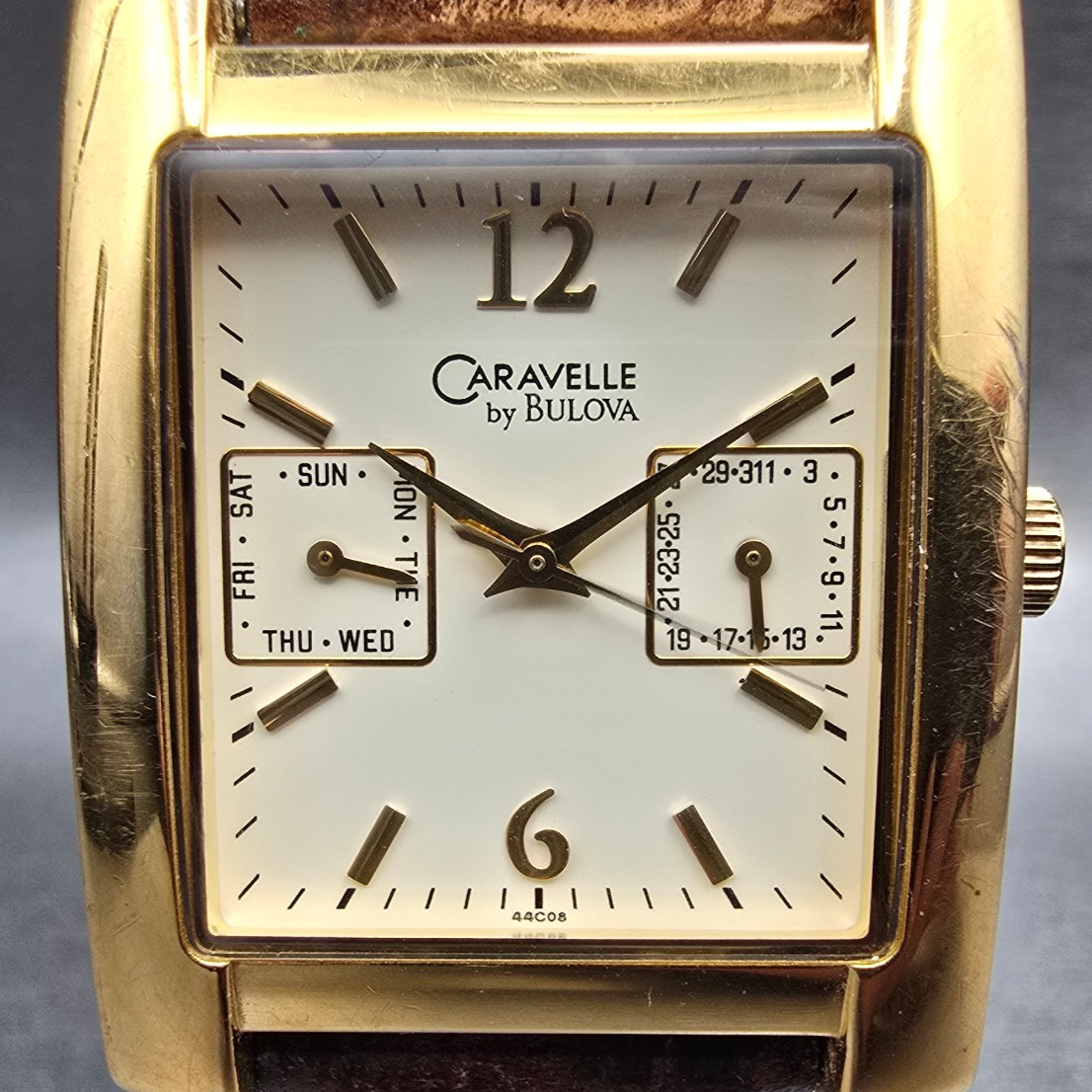Bulova Caravelle Watch Men 30mm Cream Dial Daydate Rectangle 44C08 New Battery1