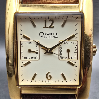 Bulova Caravelle Watch Men 30mm Cream Dial Daydate Rectangle 44C08 New Battery1