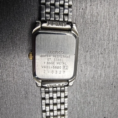 Seiko Watch Women 18mm Silver Dial Two Tone Rectangle V401-5660 New Battery VTG10