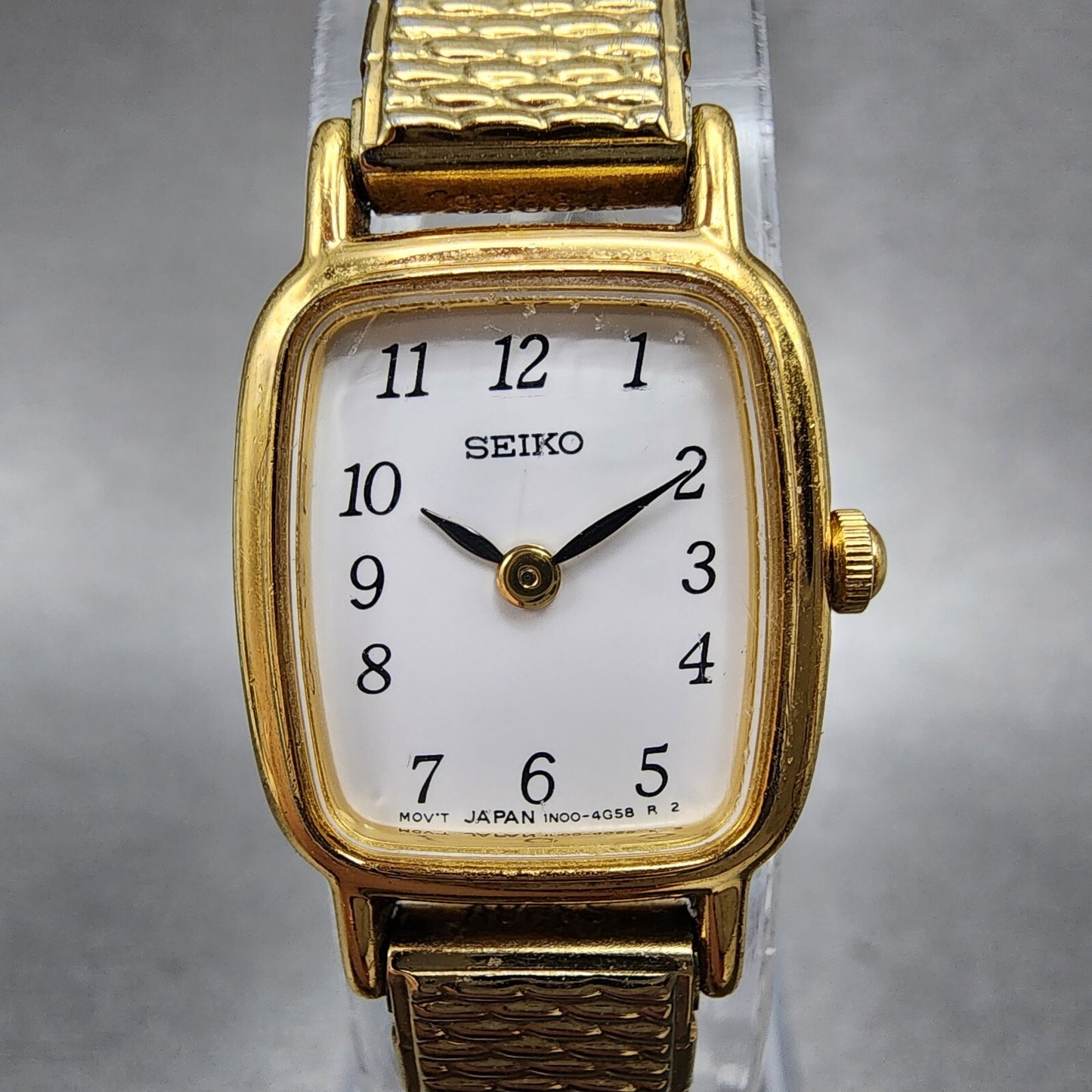 VTG Seiko Watch Women 17mm White Dial Gold Tone Rectangle 1N005K29 New Battery1